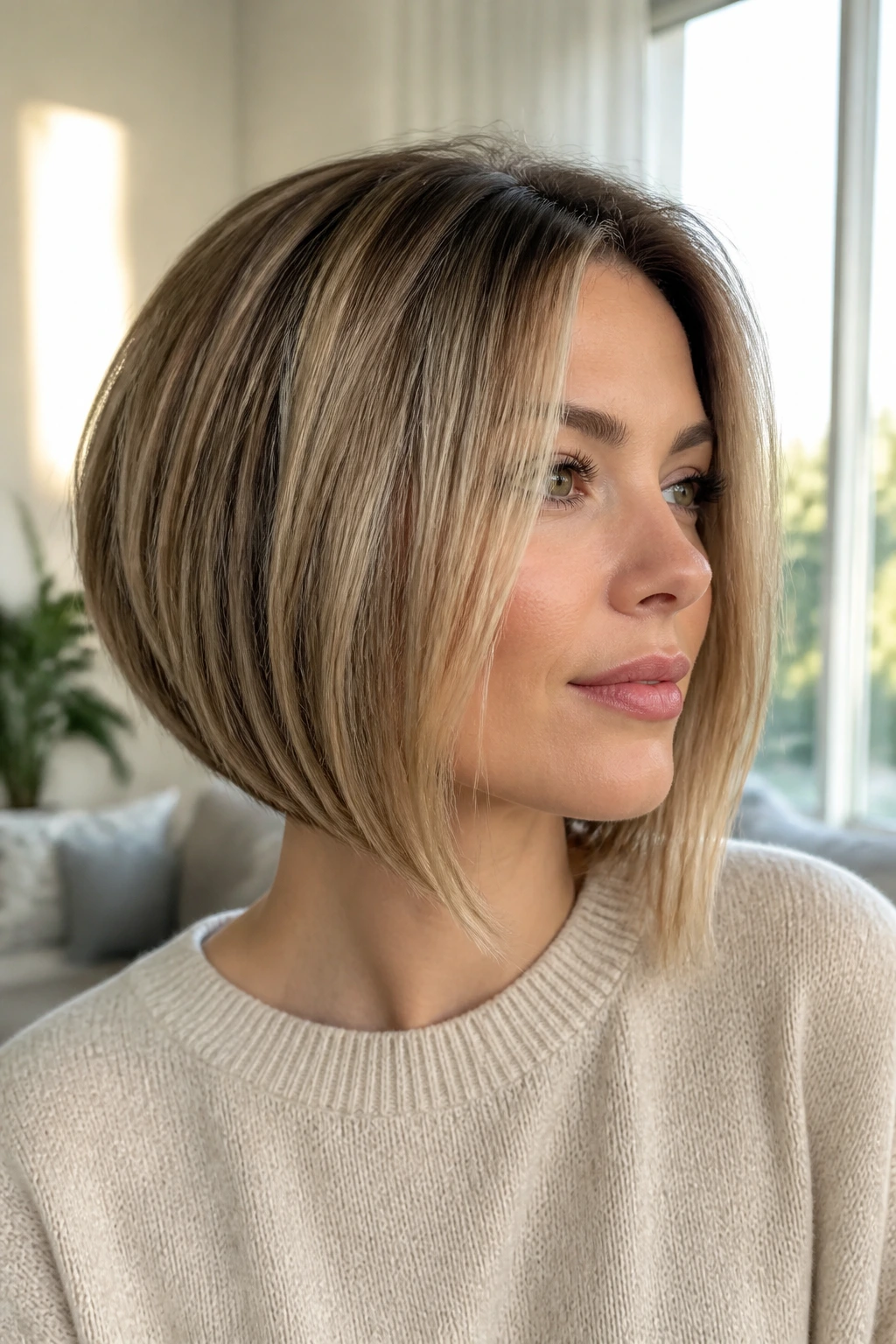 Real person with invisible-layer inverted bob in bright home setting