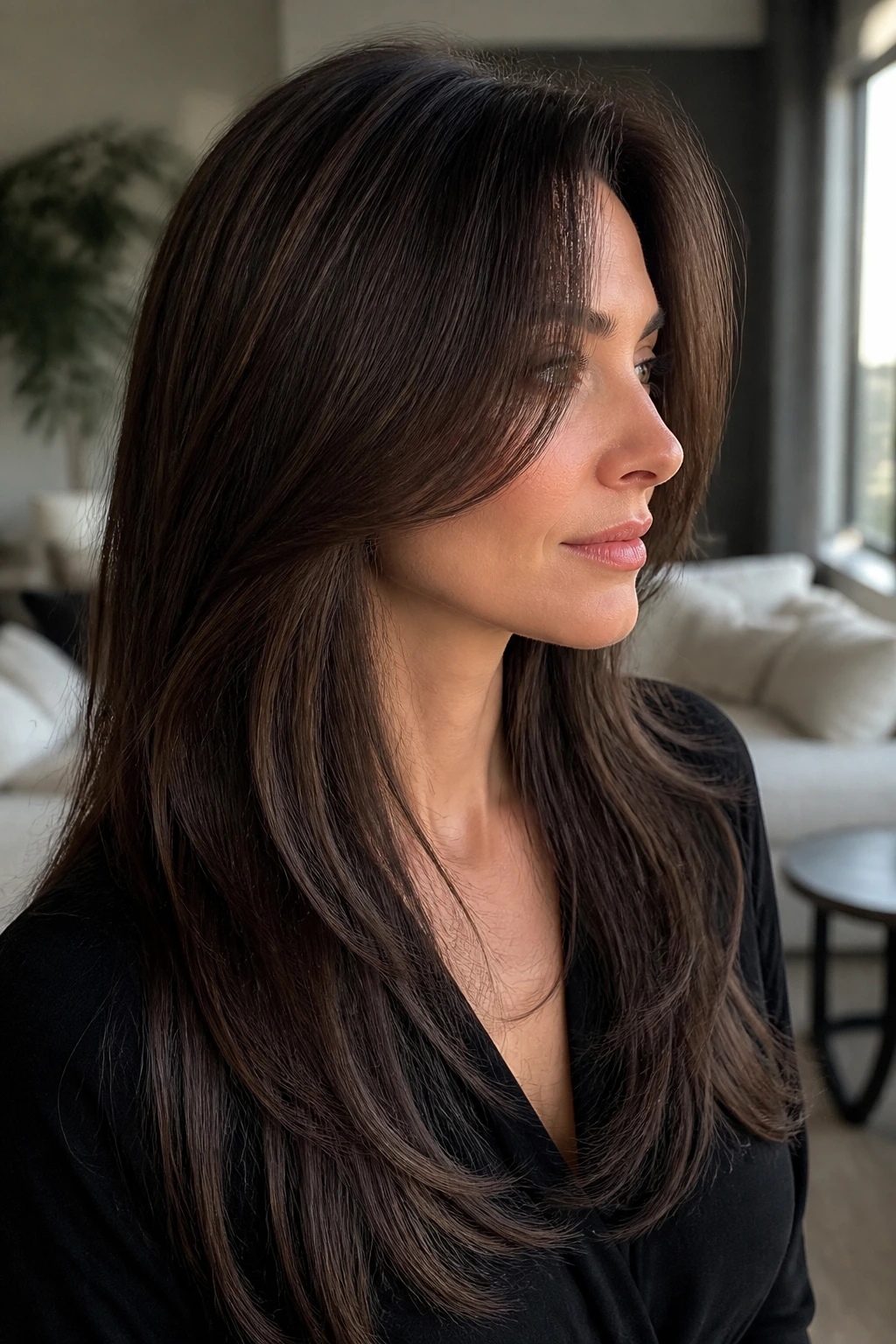 Profile of long hair with hidden interior layers for lift