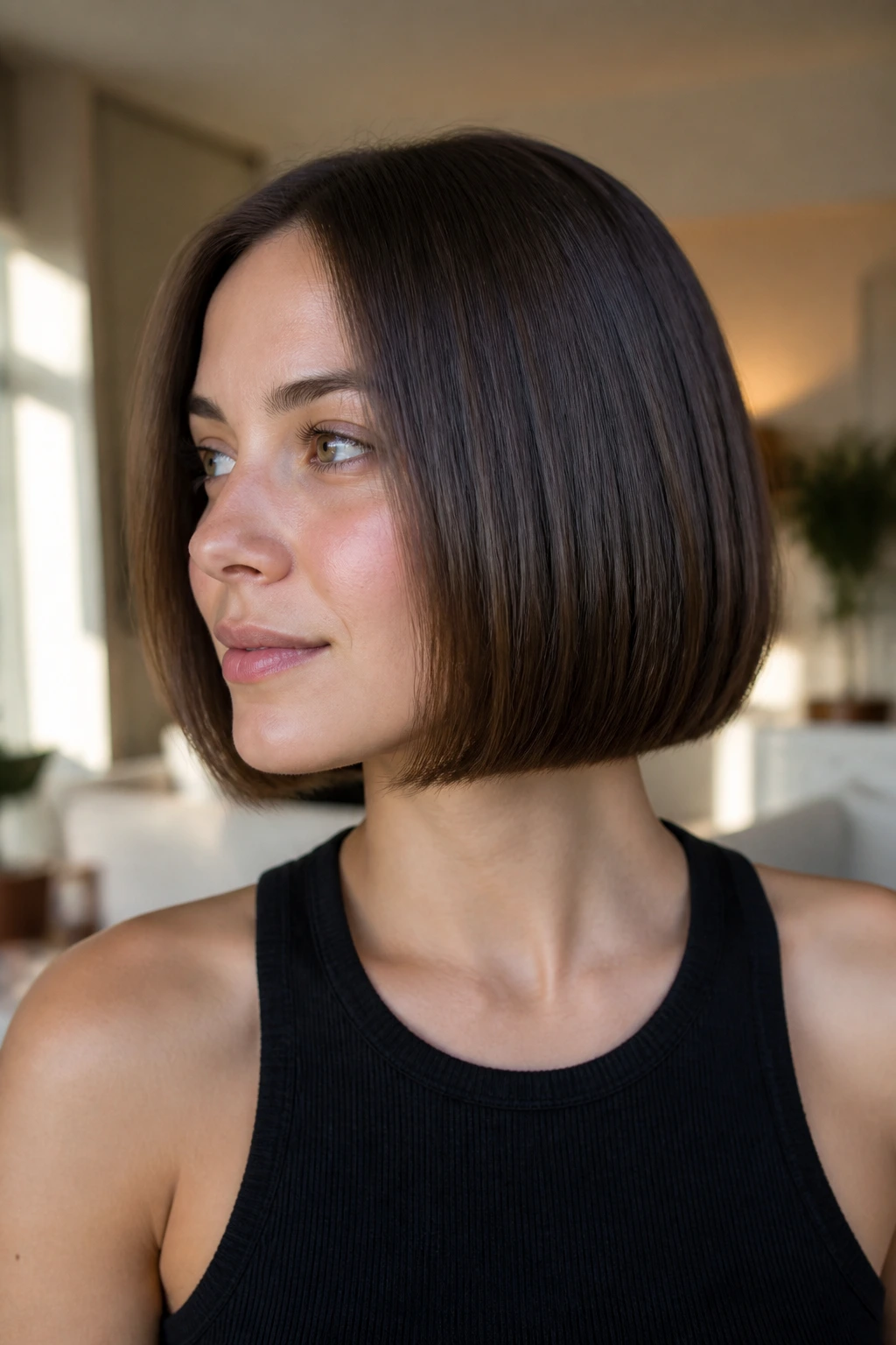 Real woman with invisible inner layers creating a rounded bob silhouette.