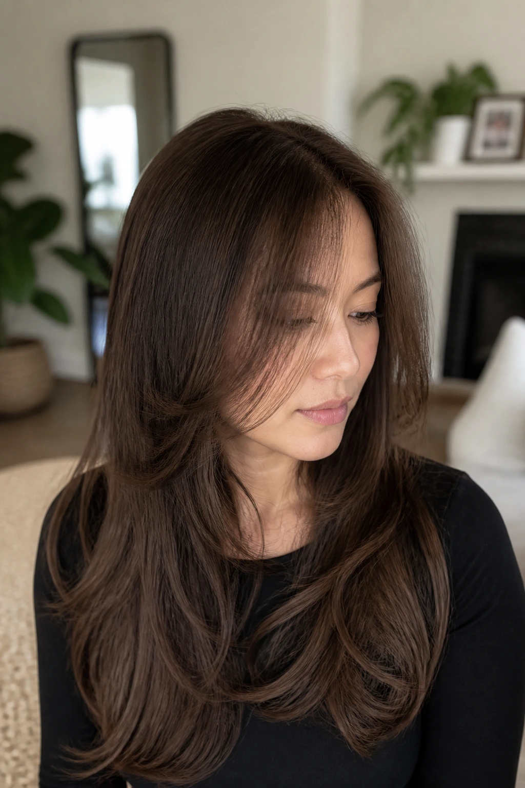 Close-up of a real woman with long hair showing invisible interior layers and lift