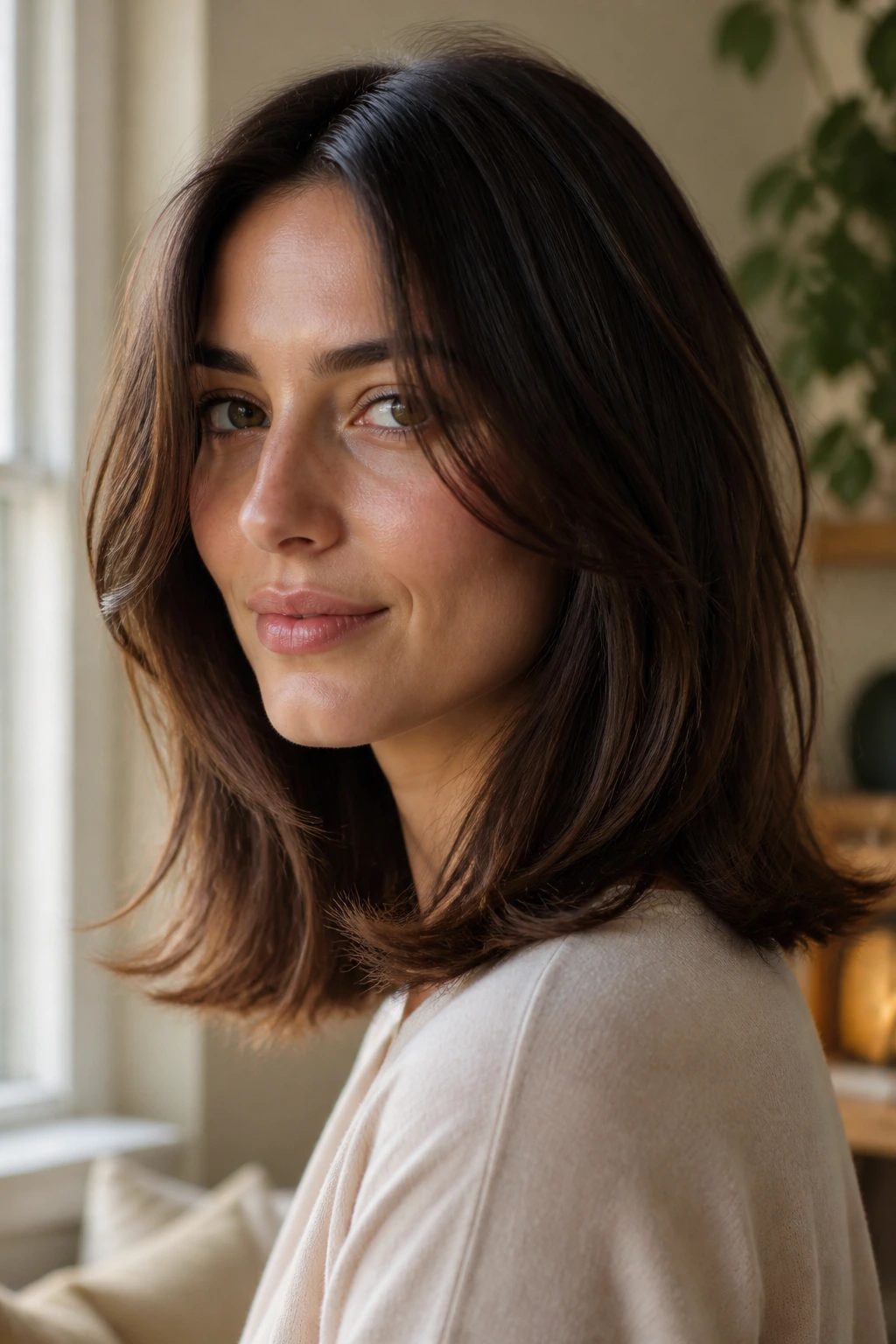 Real person with mid-length hair showing invisible layered ends.