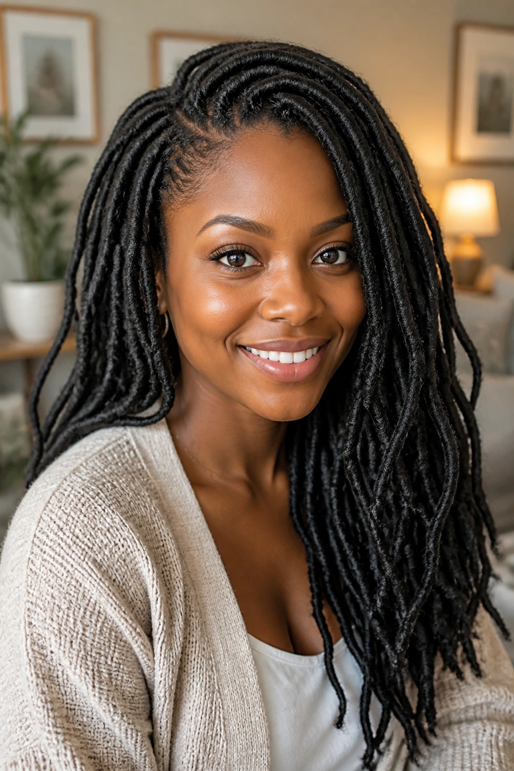 Close-up portrait of a real woman with invisible locs texture in a cozy living room.