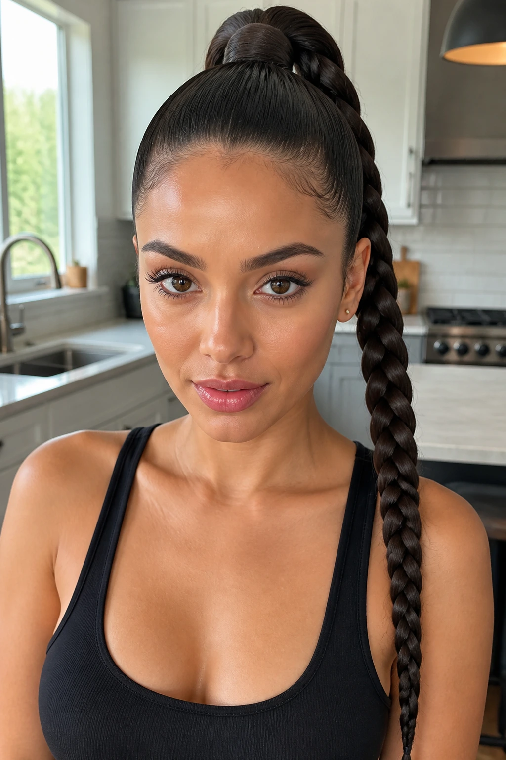 Close-up of a real woman with a sleek invisible ponytail braid.