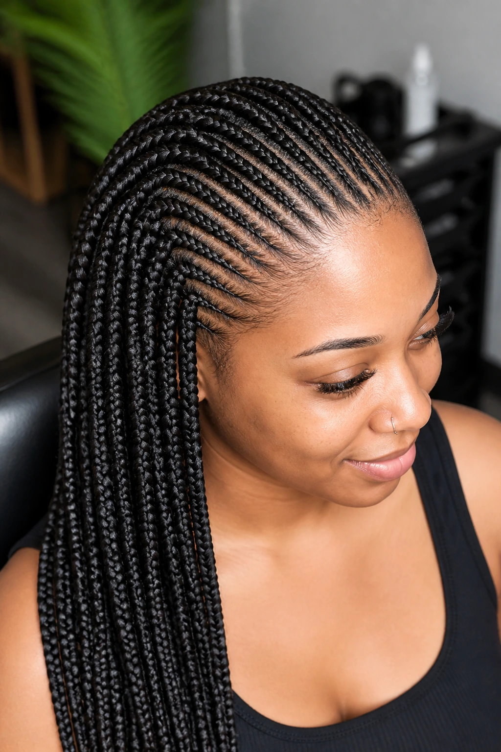 Close-up of invisible root braids with seamless extension at the hairline