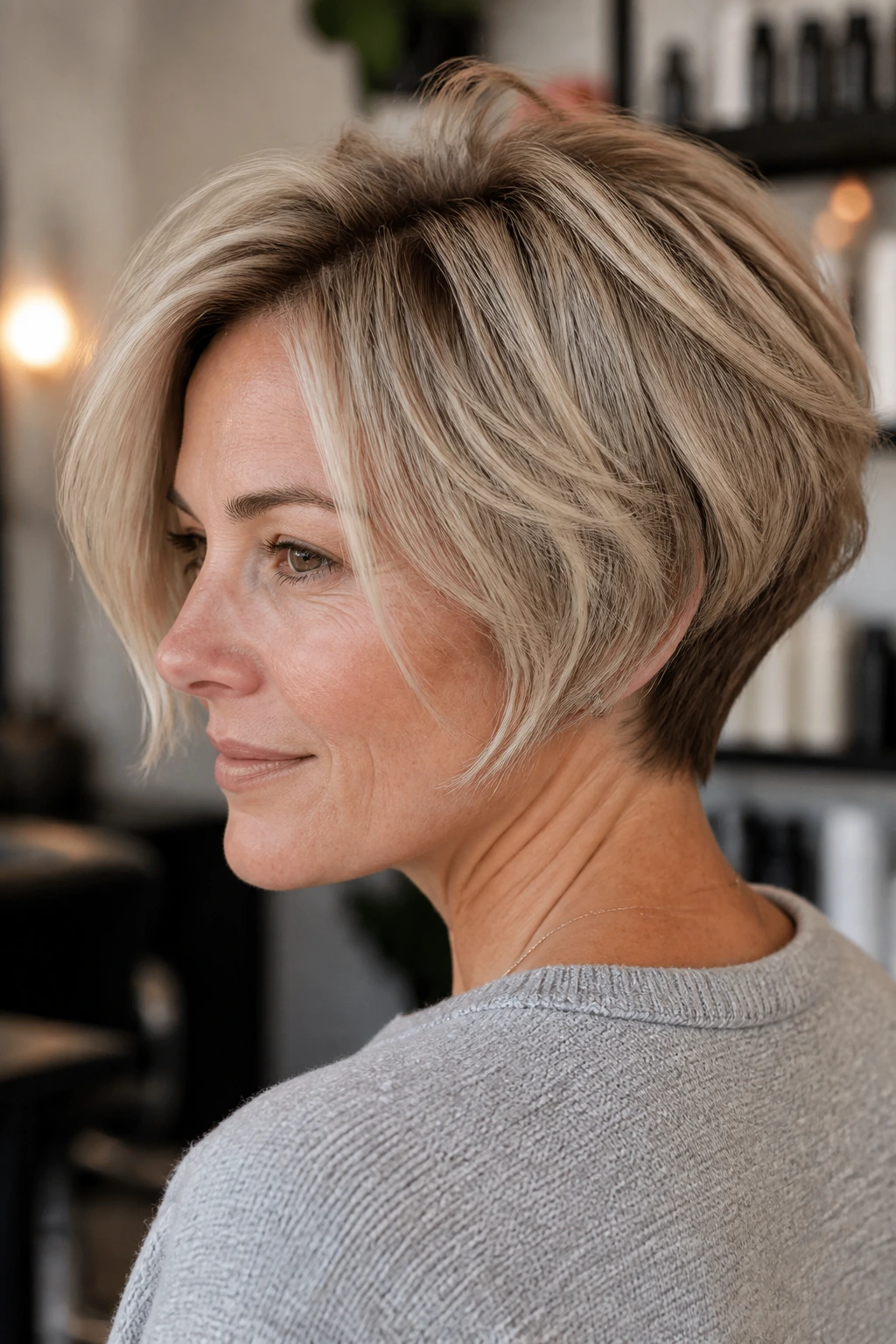 Close-up of a real person with an invisible undercut bob showing bulk removal at the back.