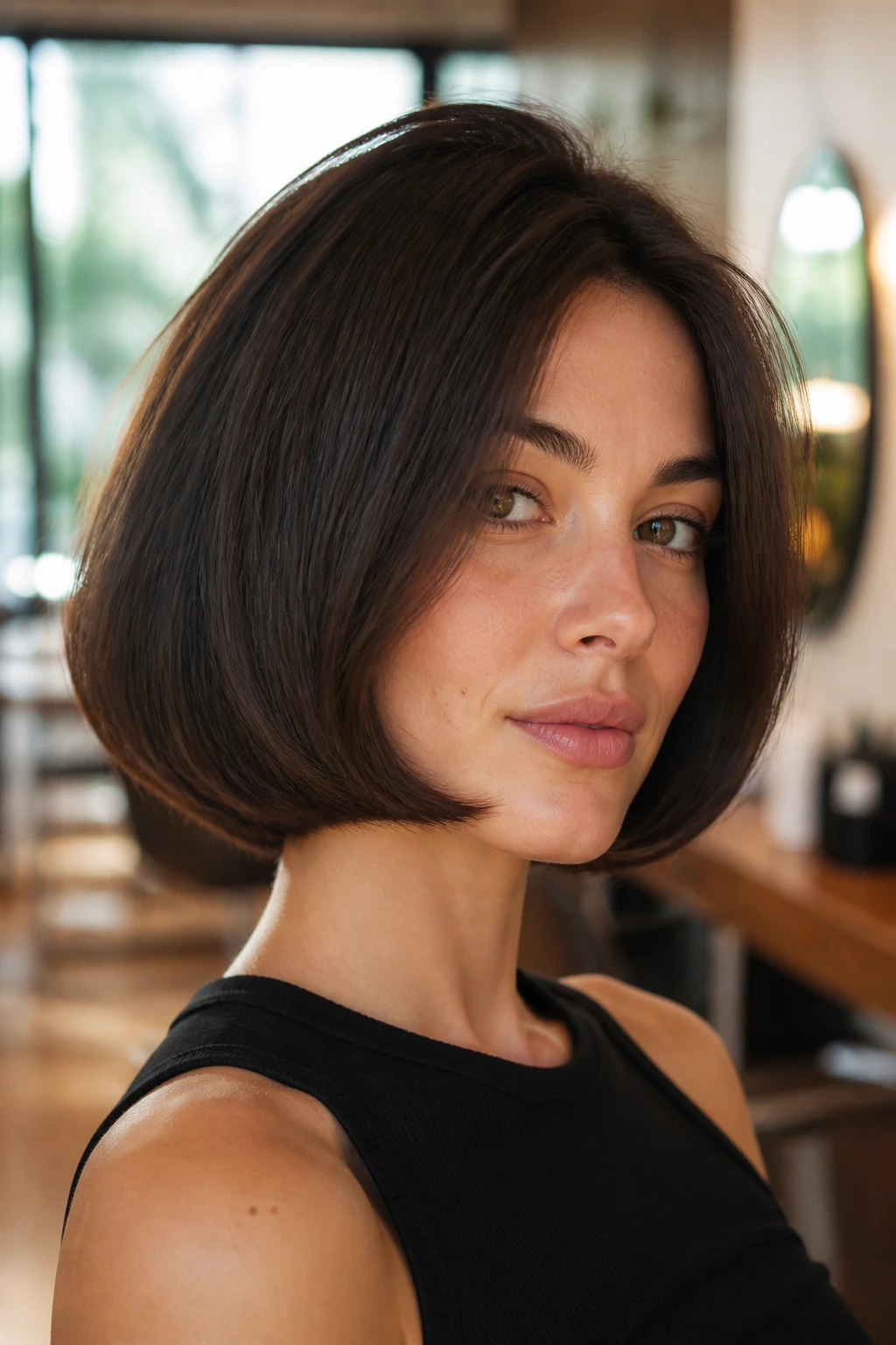 Close-up of a woman with an Italian bob featuring beveled ends and voluminous crown