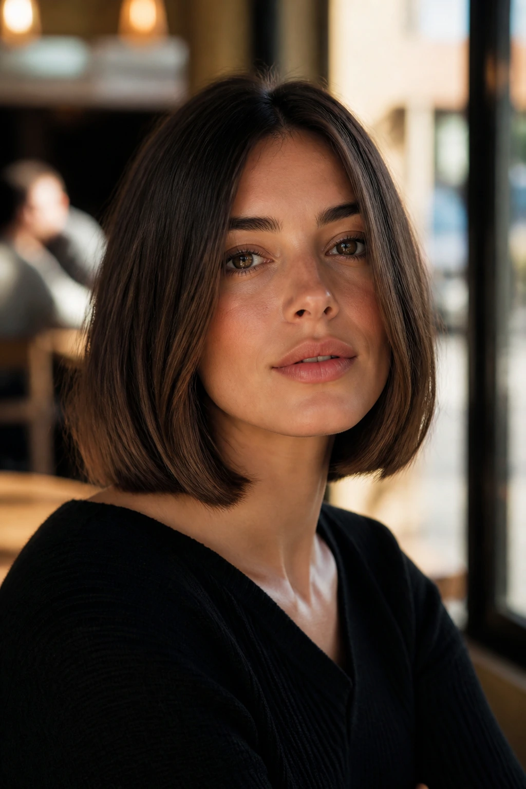 Close-up portrait of real woman with Italian Bob blunt ends and subtle layers