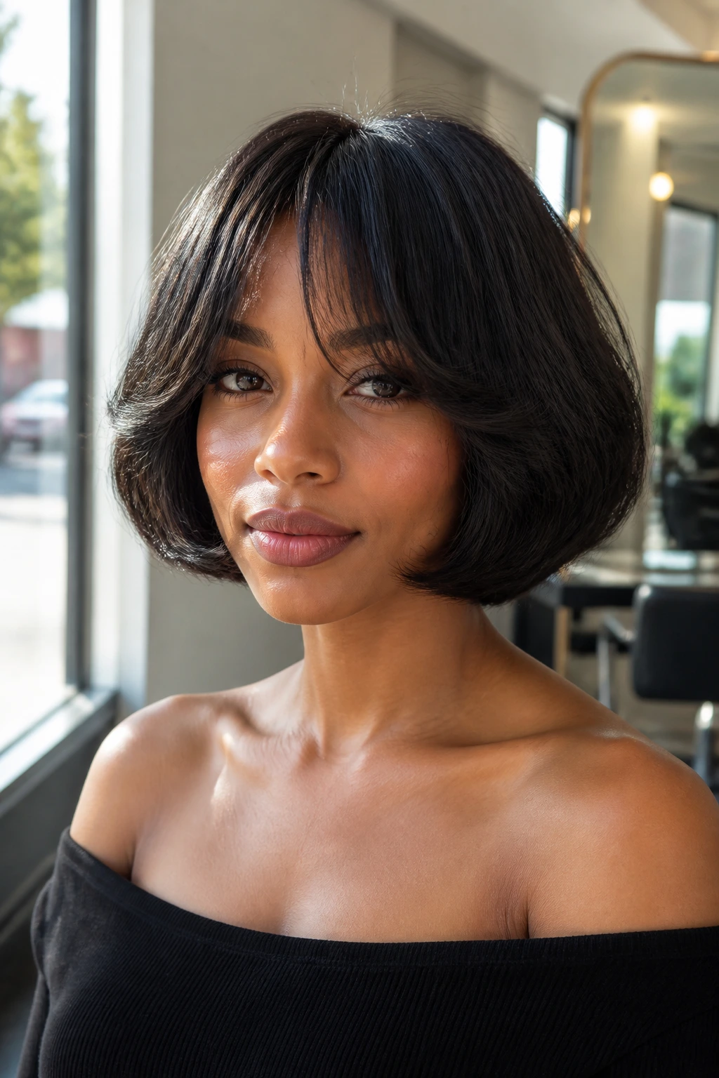 Real woman with a bouncy Italian bob and bottleneck bangs