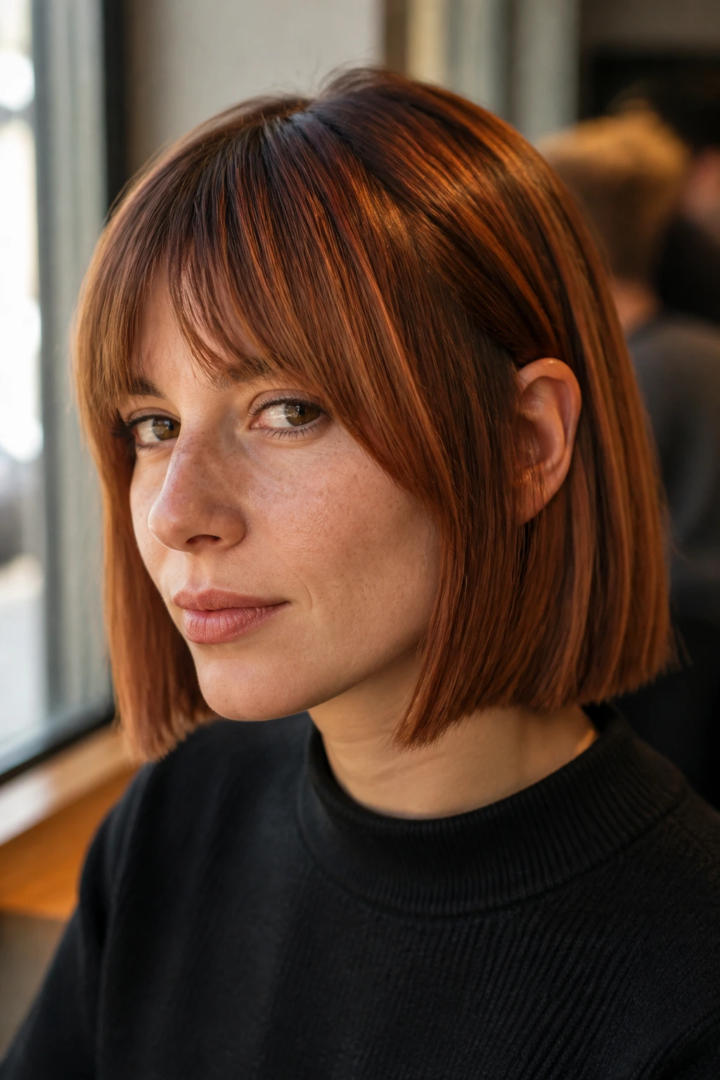 Portrait of a real person with copper-toned blunt Italian bob