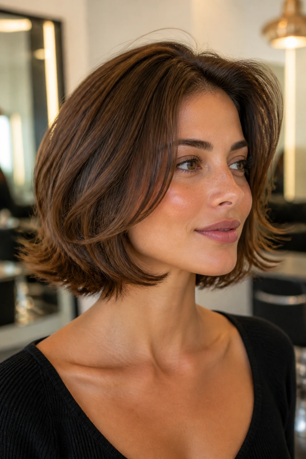 Close-up portrait of a woman with an Italian bob and flipped ends