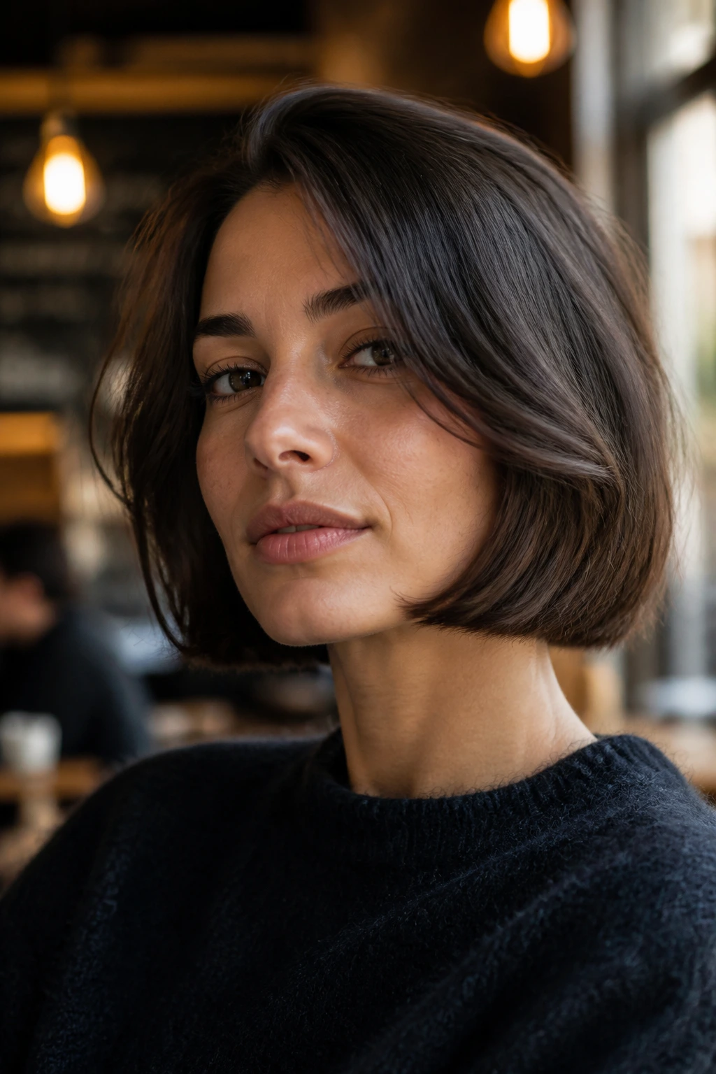 Close-up portrait of a real woman with Italian bob in cafe lighting