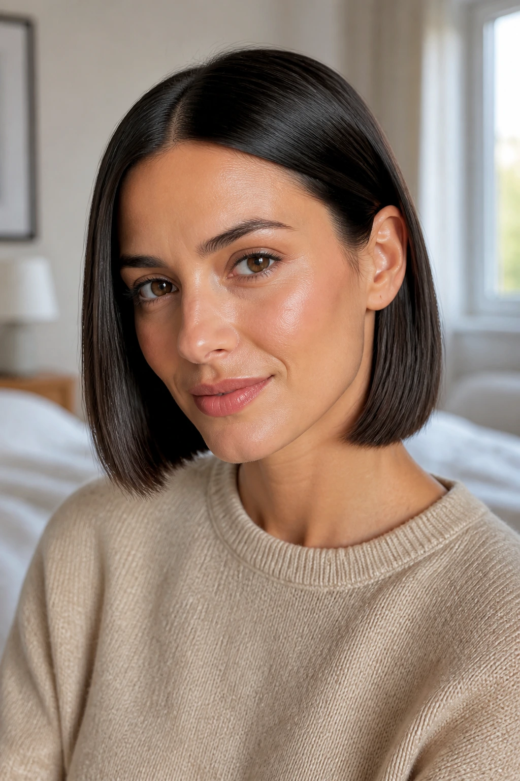 Close-up of a real woman with a sleek blunt Italian bob