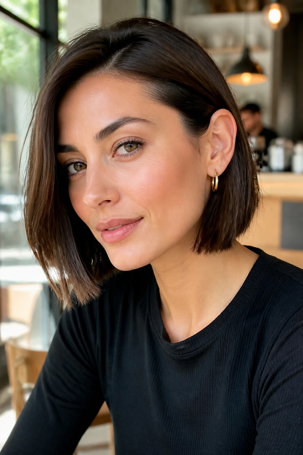 Portrait of a real person with Italian bob tucked behind the ear