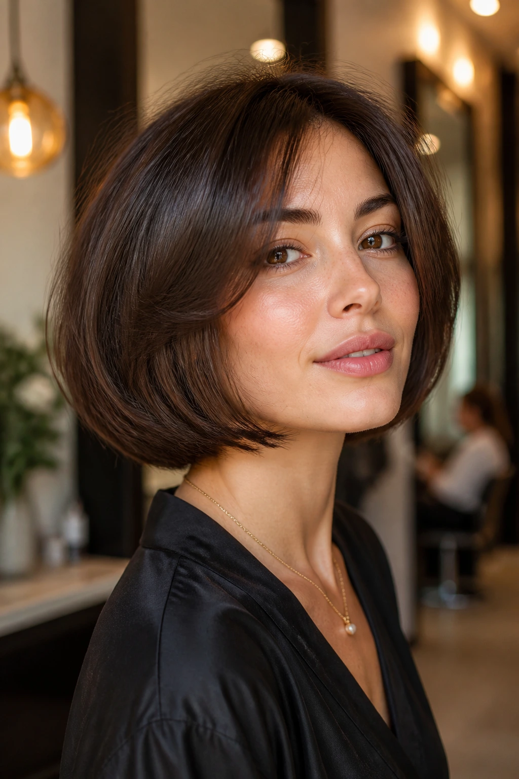 Close-up portrait of a real woman with The Classic Italian Bob in warm salon light