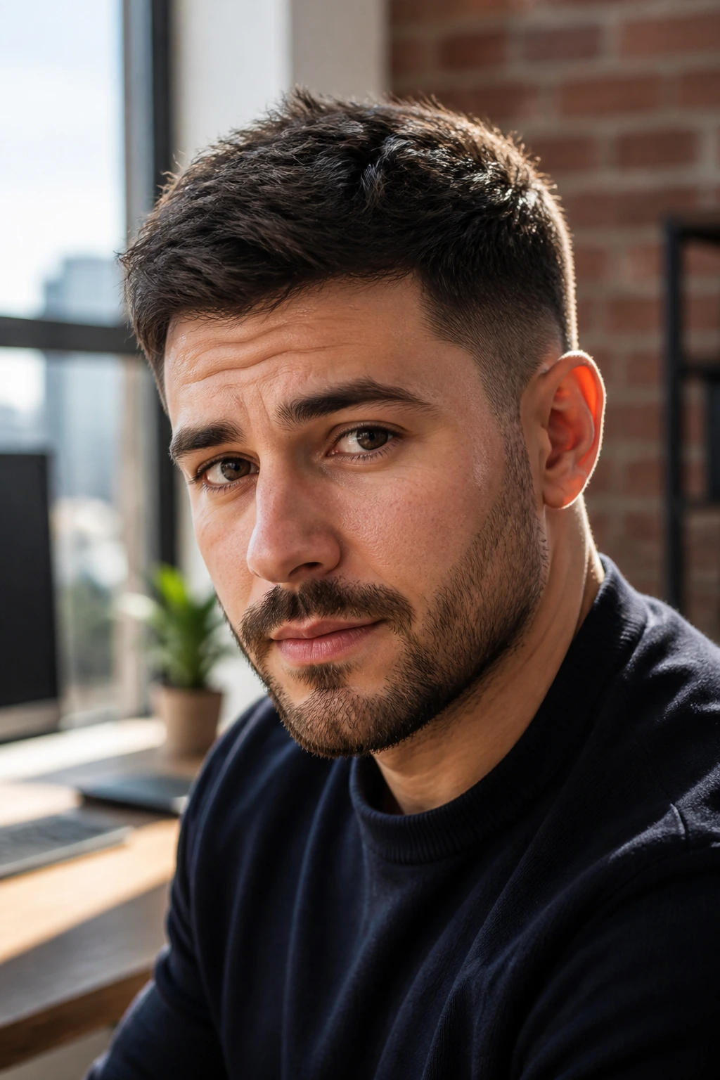 Close-up of a real man with textured ivy league crop in a bright office loft