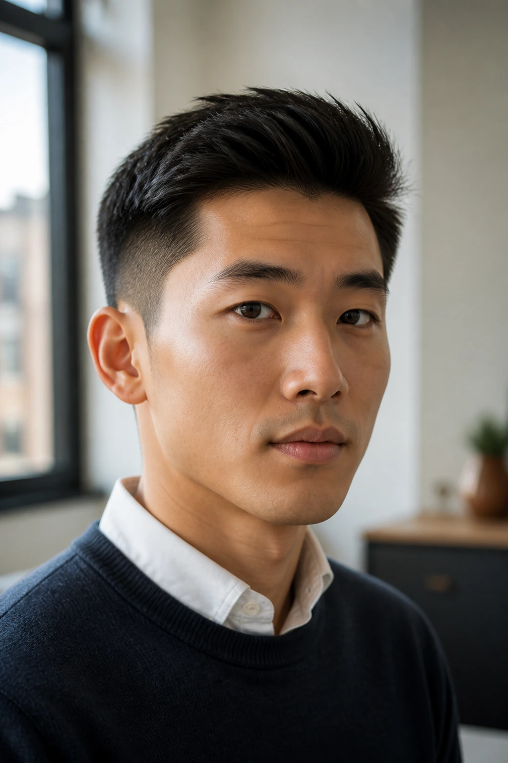 Portrait of person with ivy league crop hairstyle