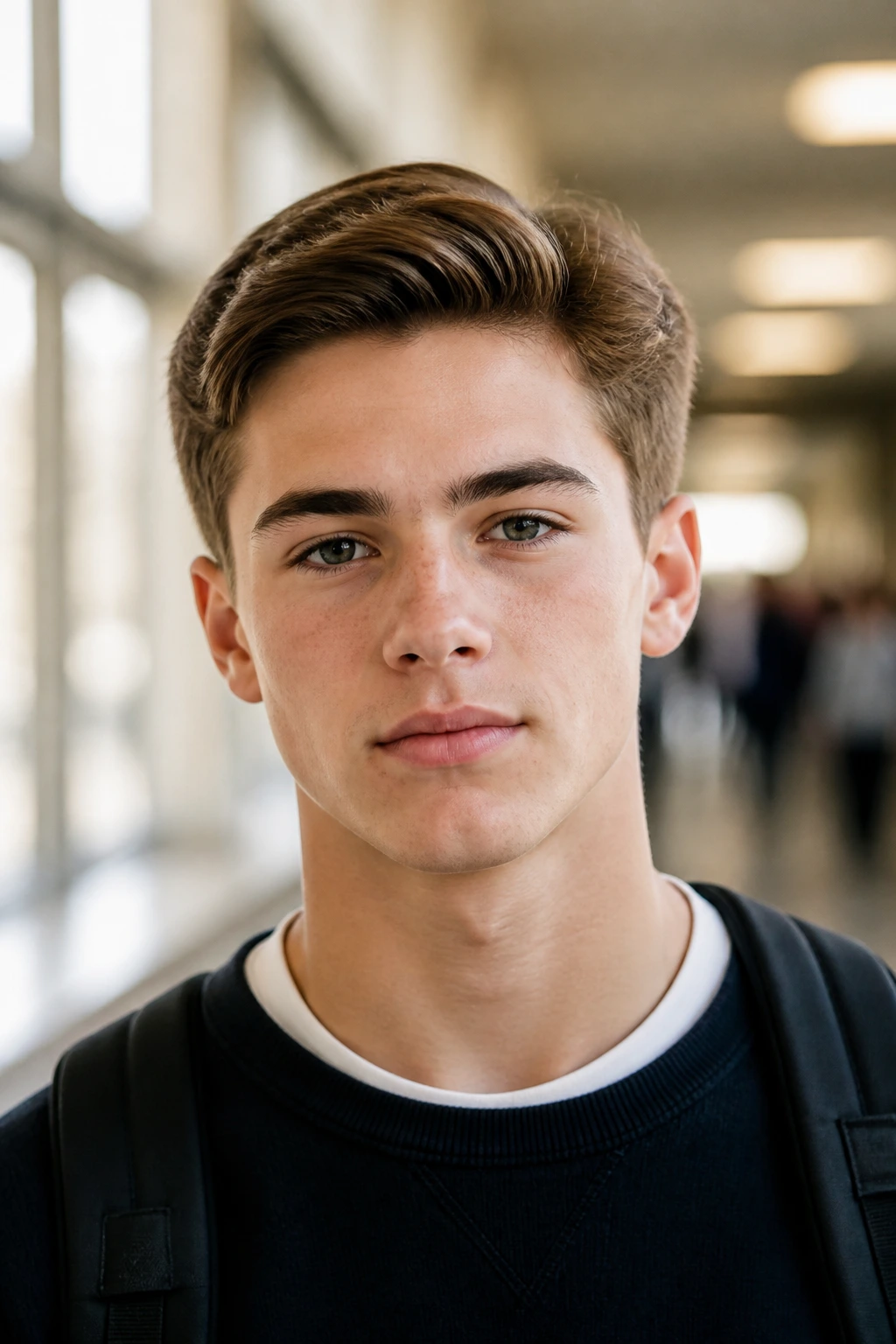 Teen boy with Ivy League cut, close-up portrait in school hallway