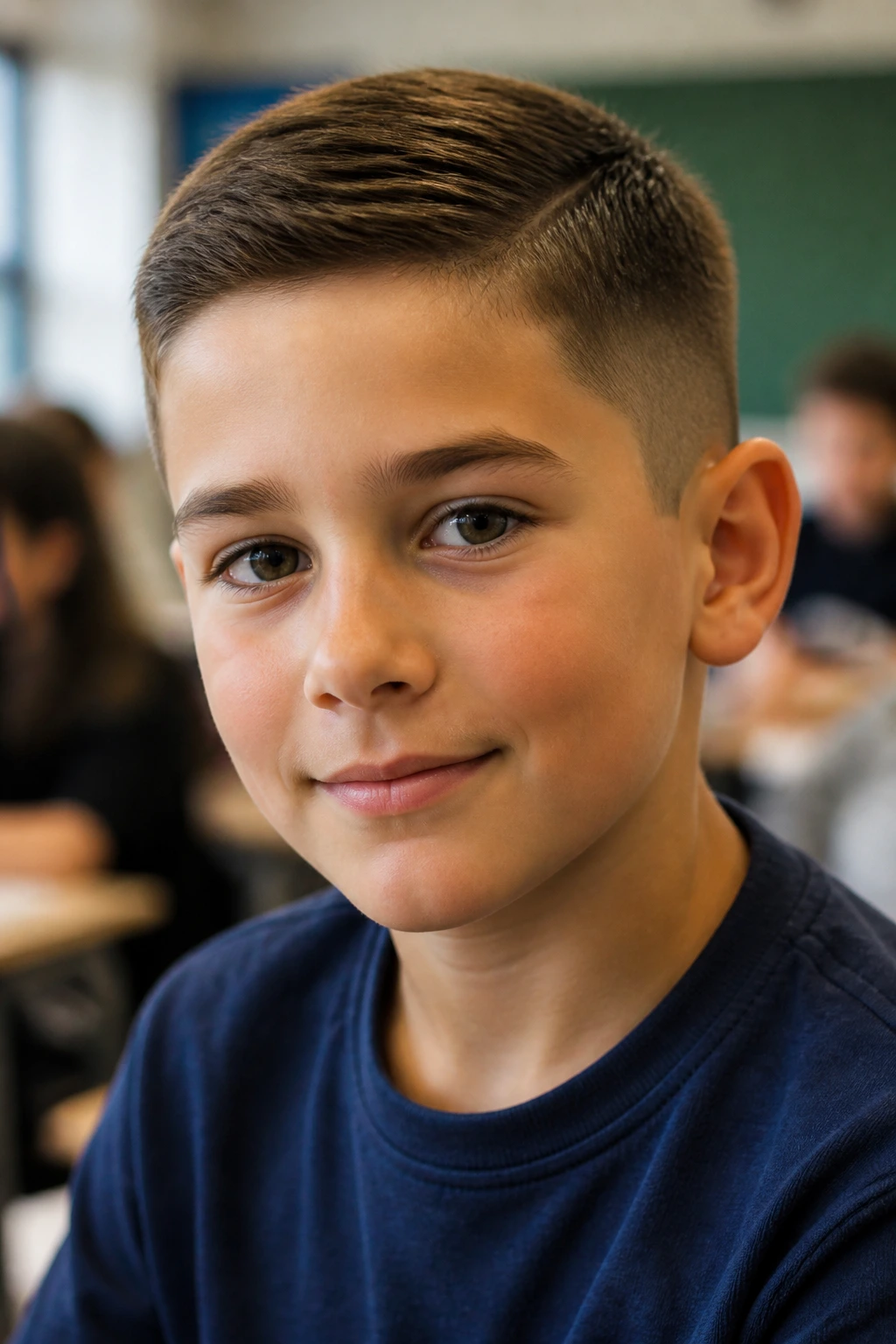 Close-up of a boy with Ivy League short haircut in a classroom