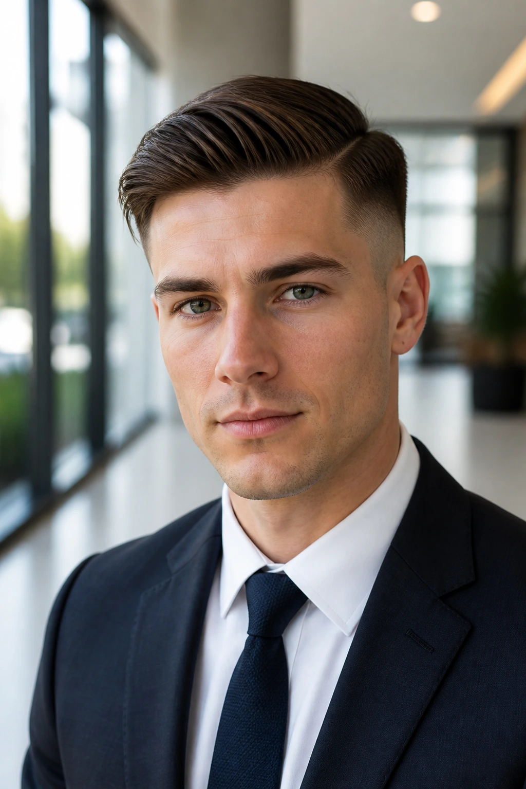 Close-up portrait of a person with side-swept ivy league undercut