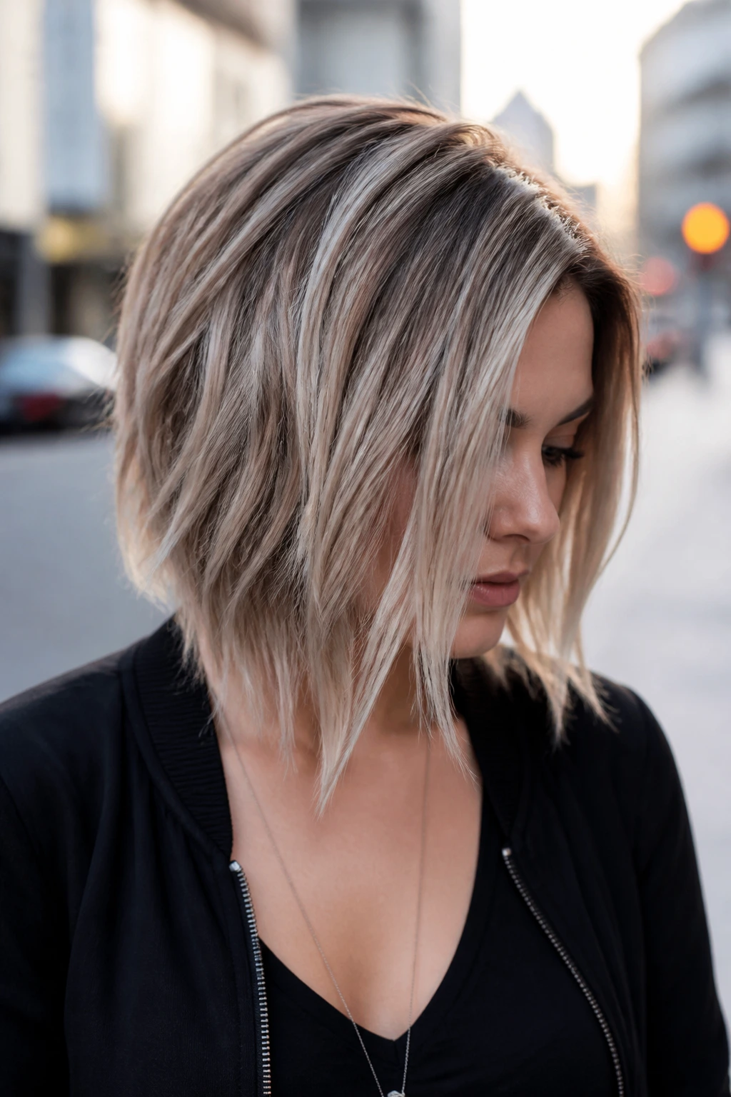 Real woman with jagged A-line cut.