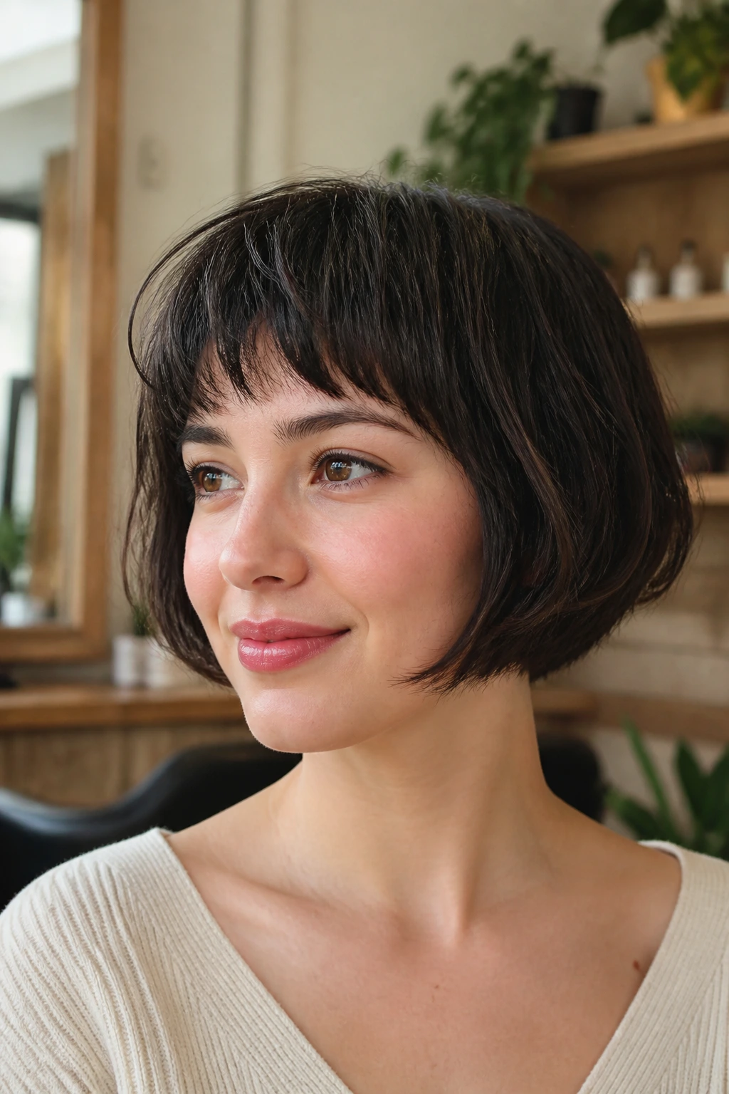 Close-up of a real person showing jagged arched fringe with a rounded bob in soft light