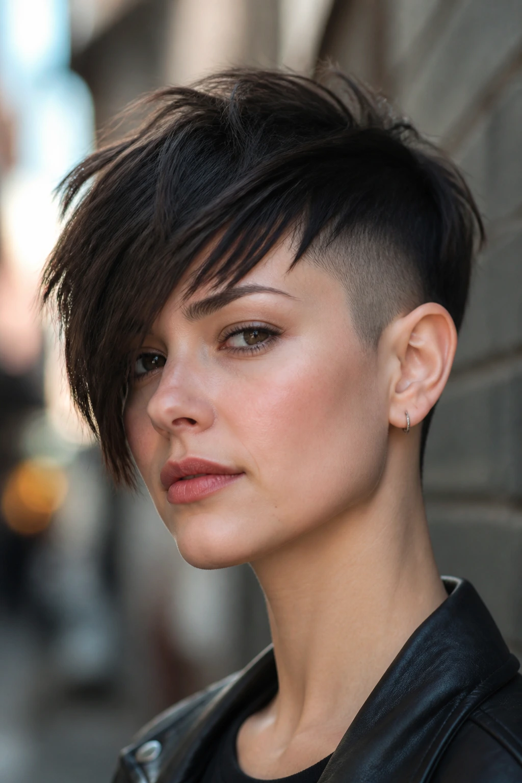 Close-up of a real person with jagged asymmetric bangs and an undercut