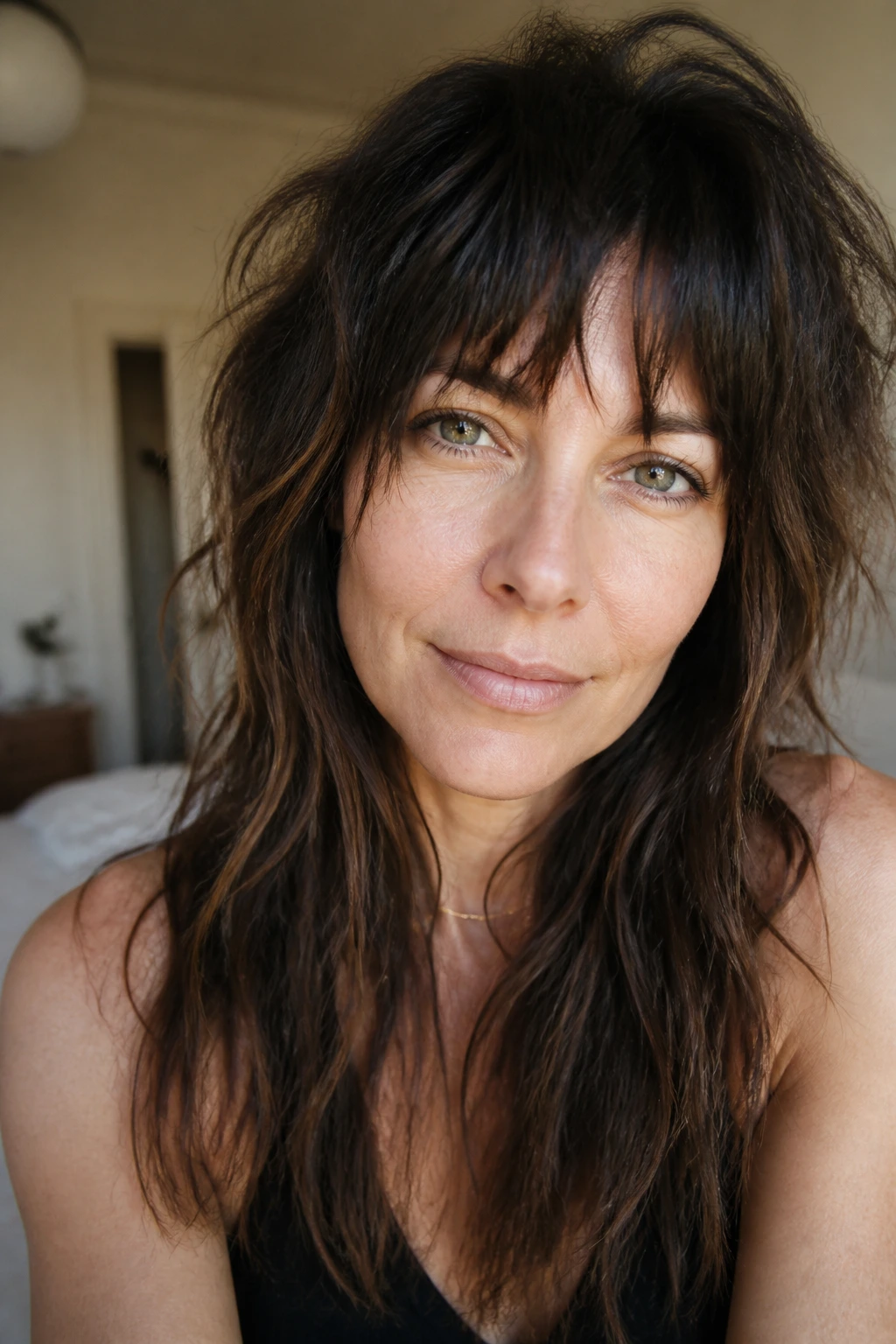 Portrait of a woman with point-cut jagged bangs and bedhead texture