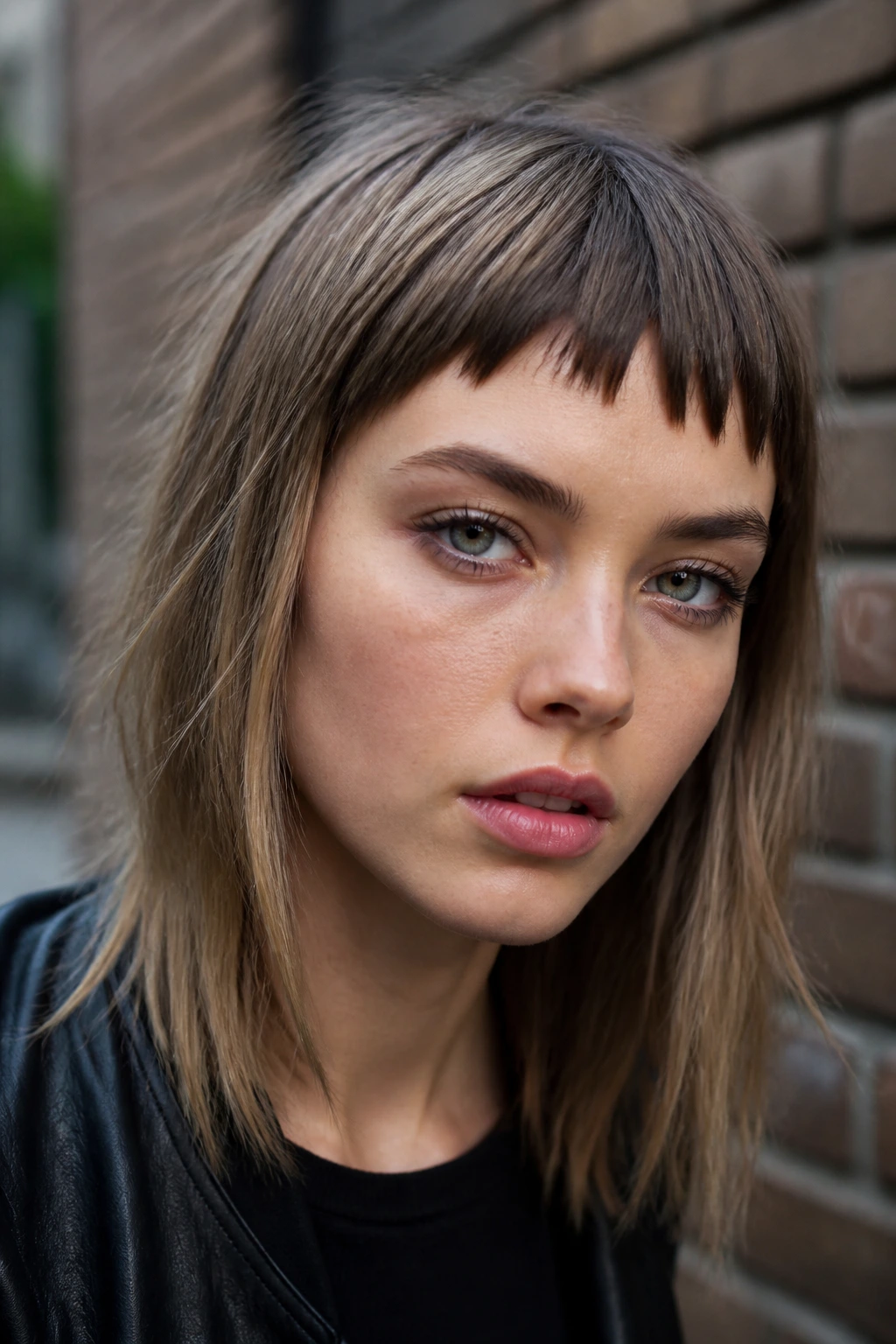 Close-up of real person with jagged cropped fringe above the brows