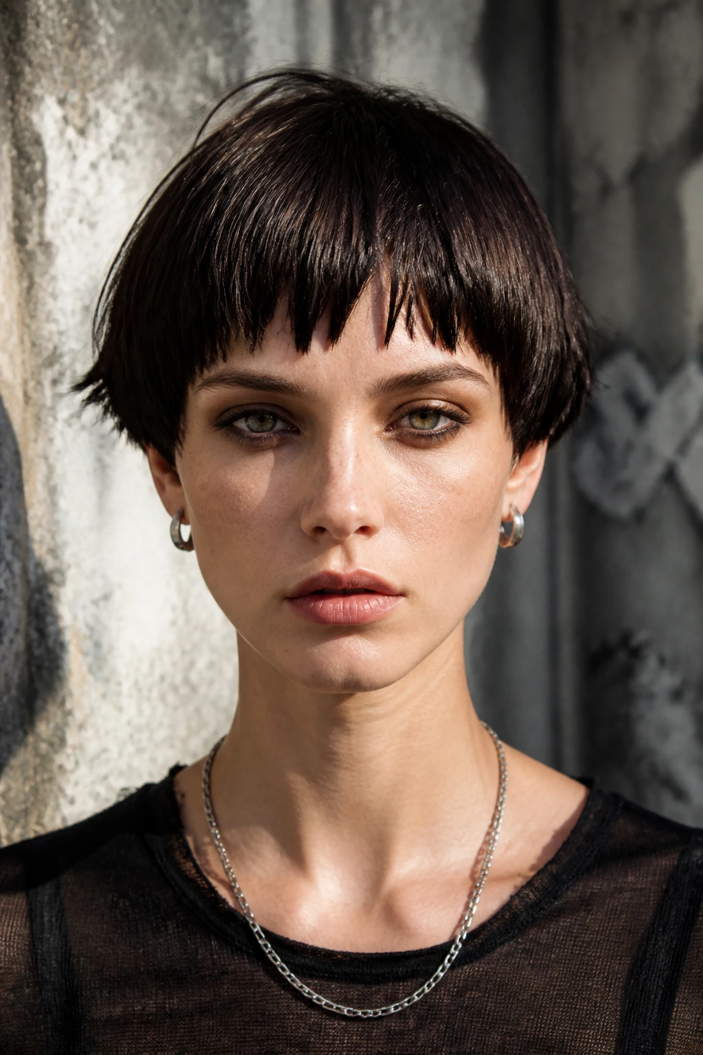 Portrait of a person with a jagged-edge bowl cut against a textured wall