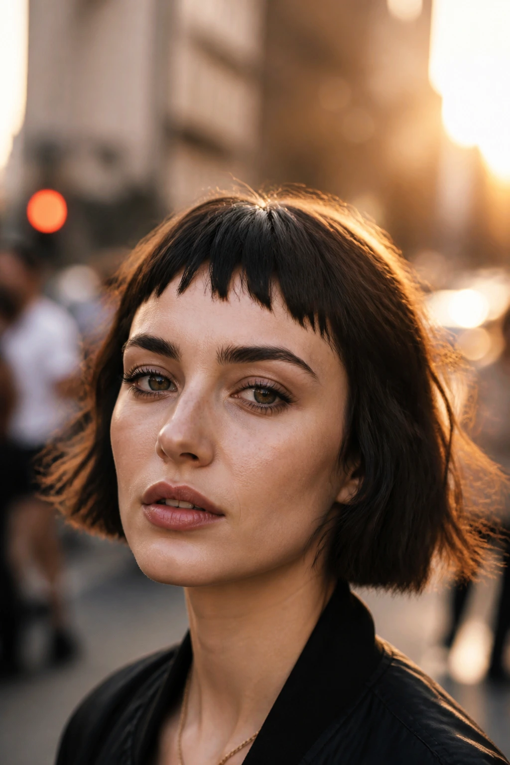 Close-up portrait of a real person with jagged micro bangs on a city street backdrop