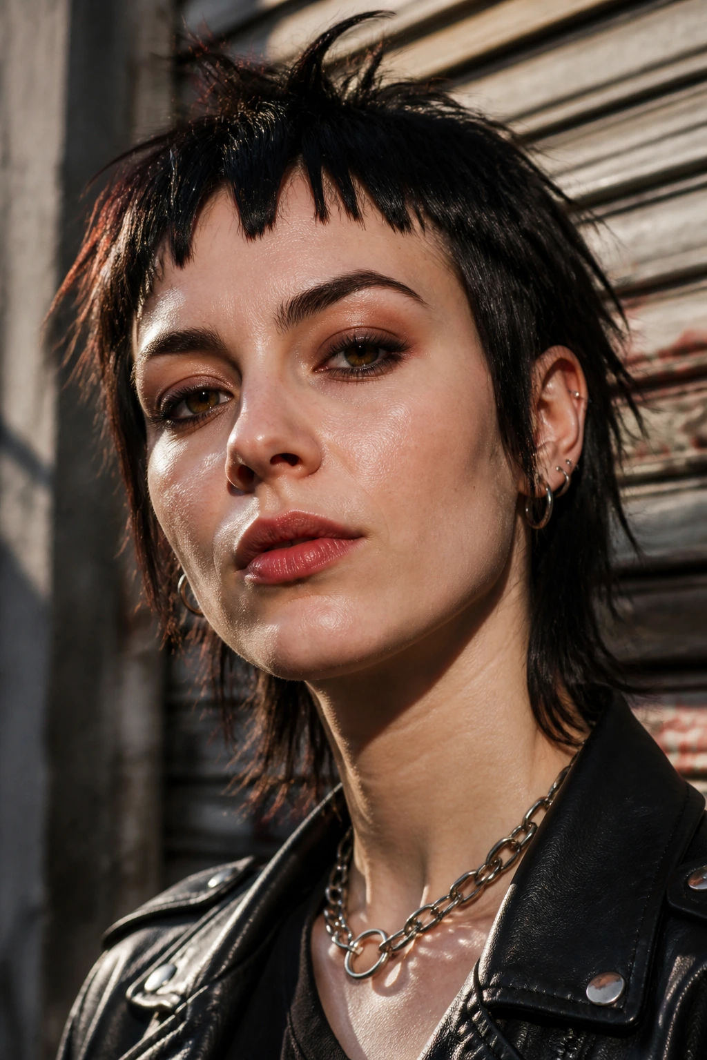 Close-up of real person with jagged punk micro fringe on urban street backdrop