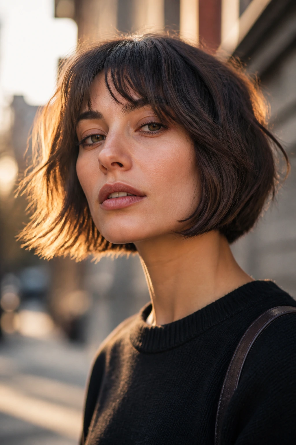 Real woman with jaw-grazing textured bob highlighting jawline in outdoor lighting