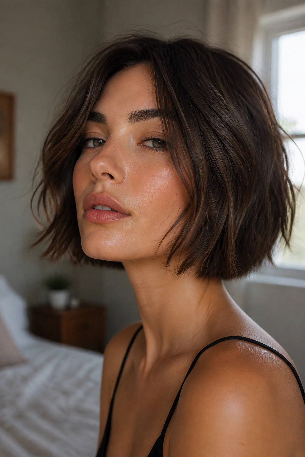 Close-up portrait of a real woman with a shattered jaw-length razor-cut bob, textured ends