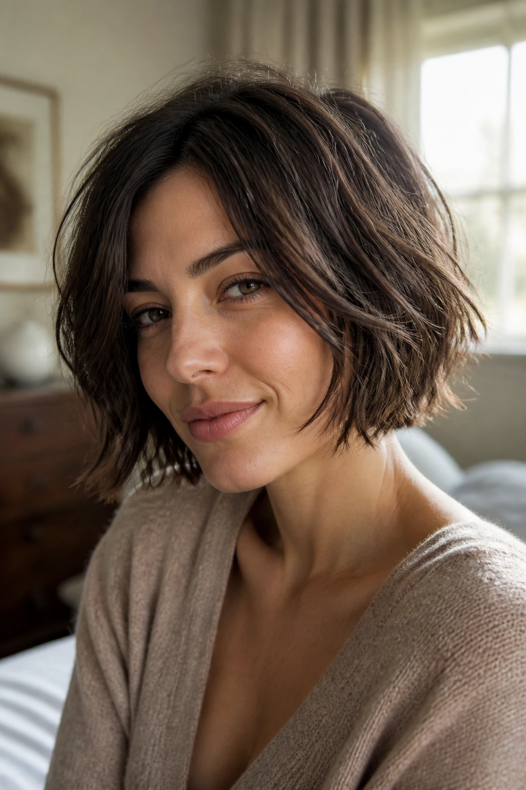 Close-up of a real woman with a jaw-length tousled bob and choppy interior layers