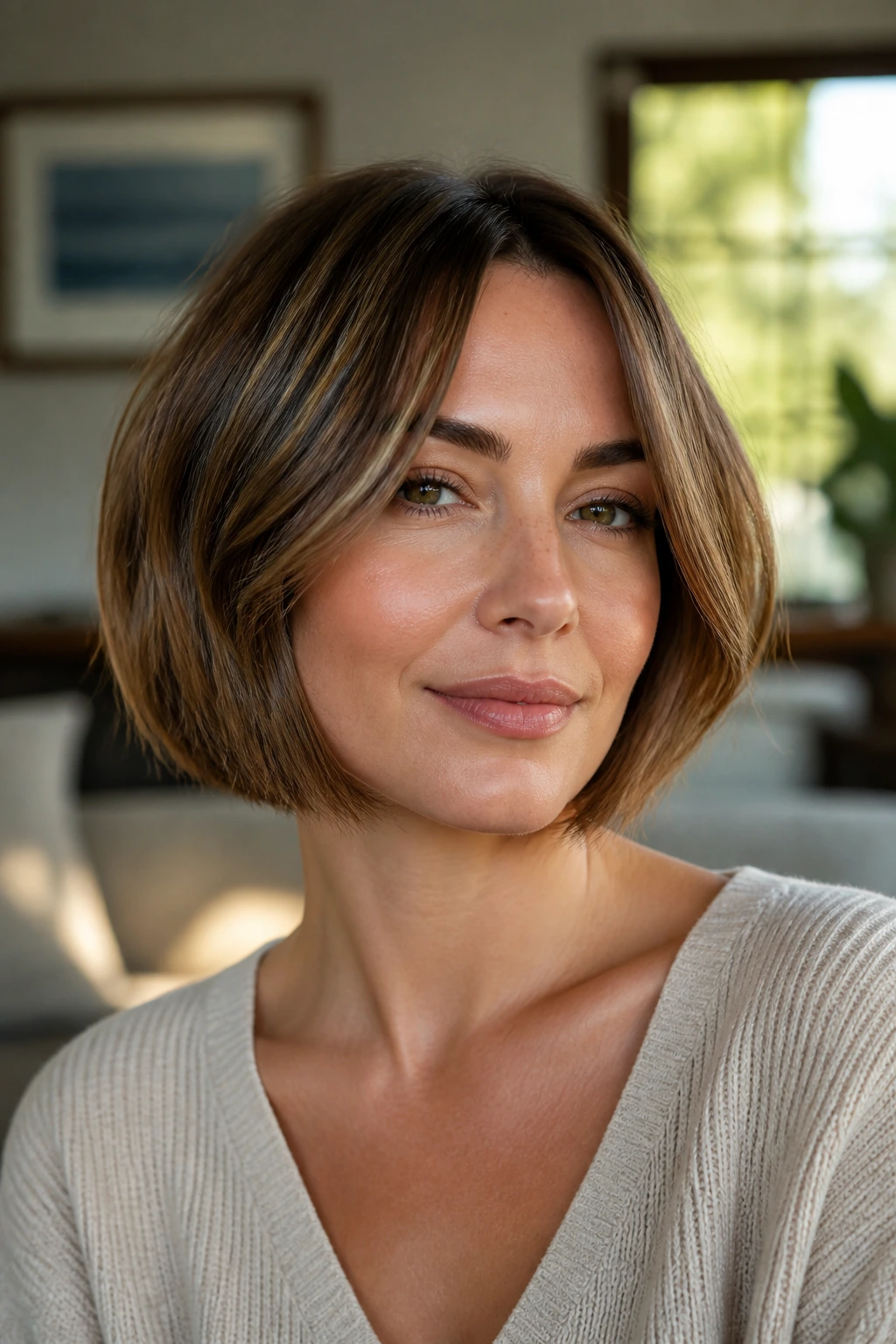 Close-up portrait of a real woman with a jaw-length feathered bob