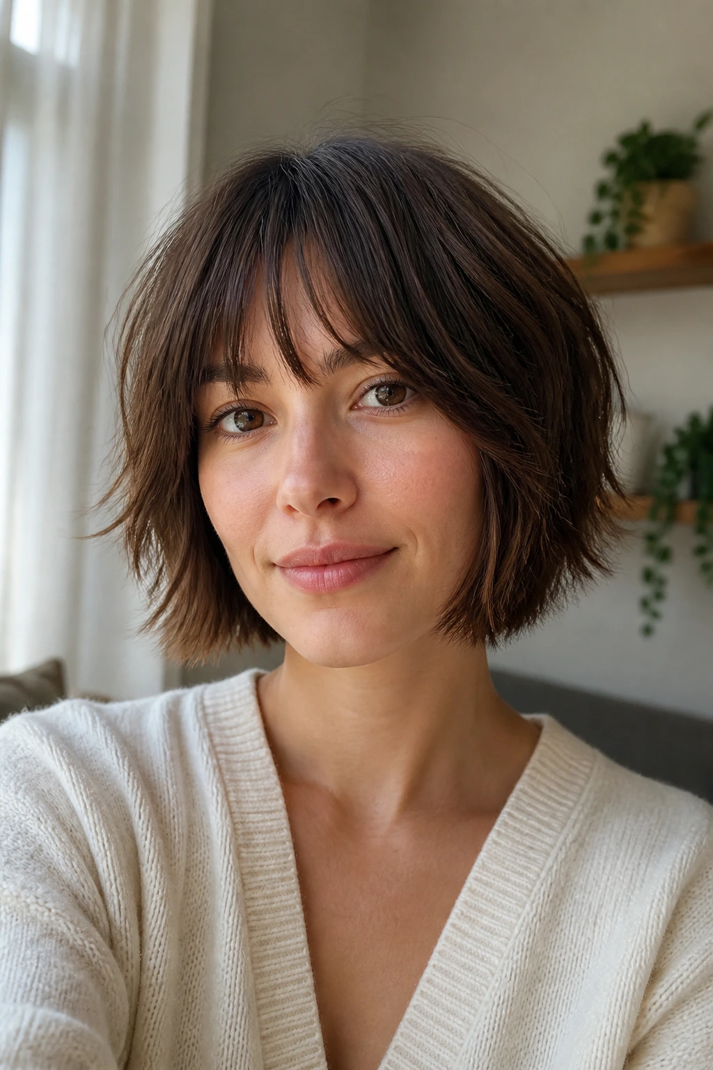 Close-up of a real person with jaw-length shaggy bob featuring blunt perimeter and feathered ends.