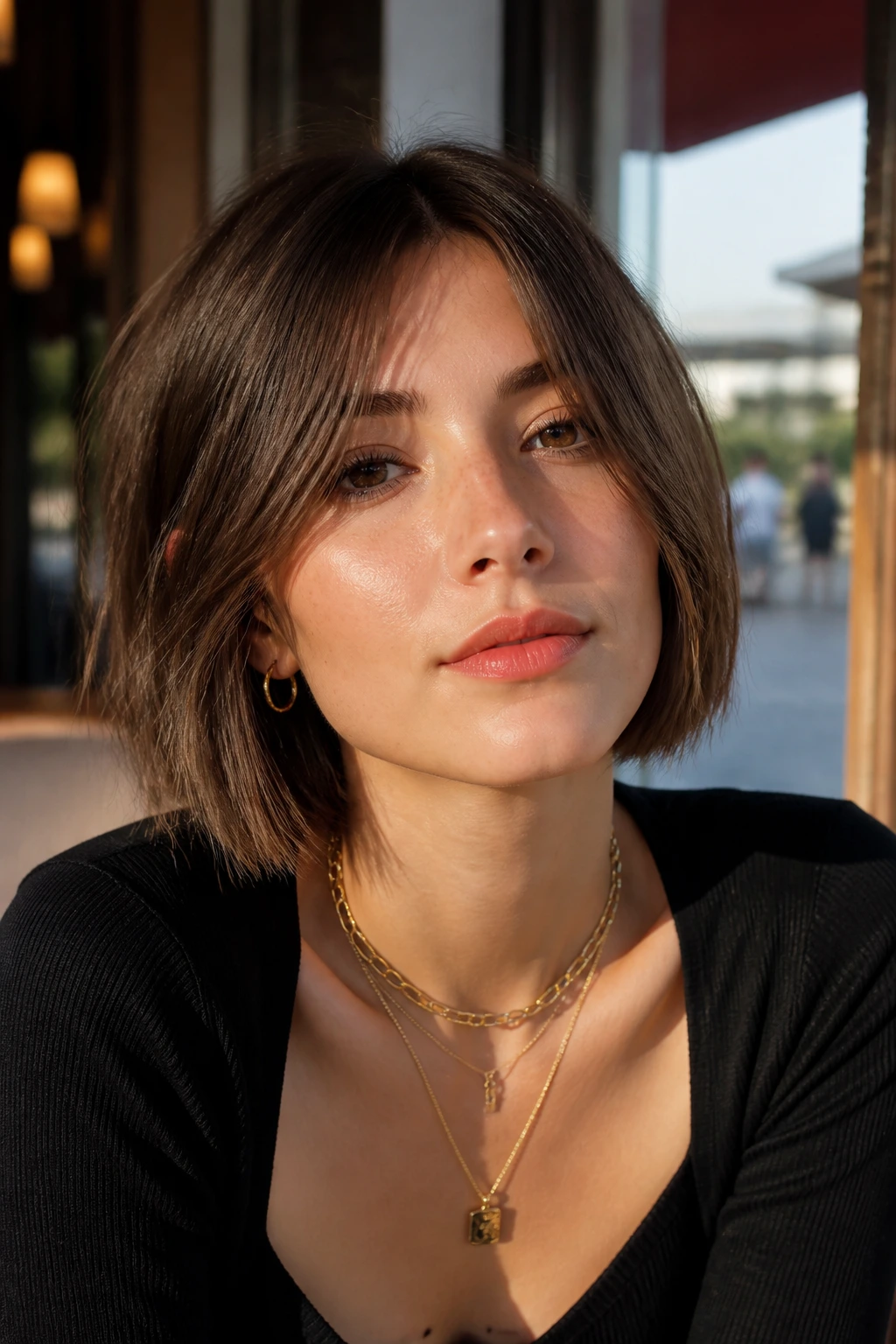 Portrait of a woman with jaw-length sleek bob and curtain bangs
