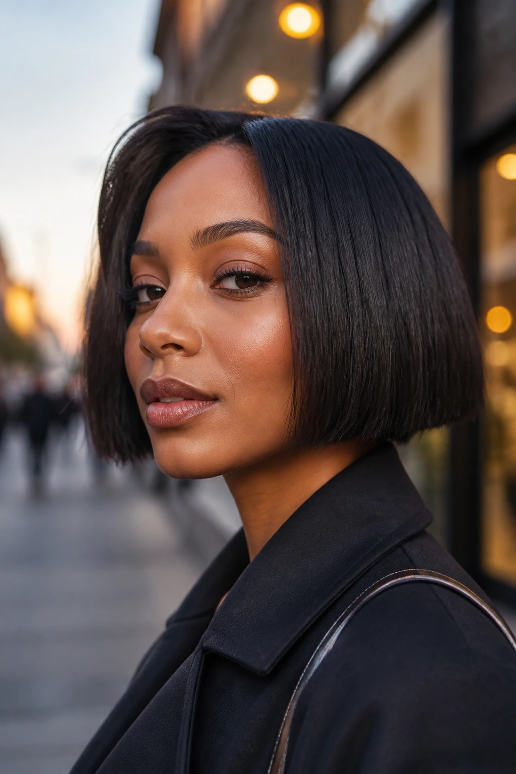 Portrait of a woman with jawline-length blunt bob against an urban street backdrop