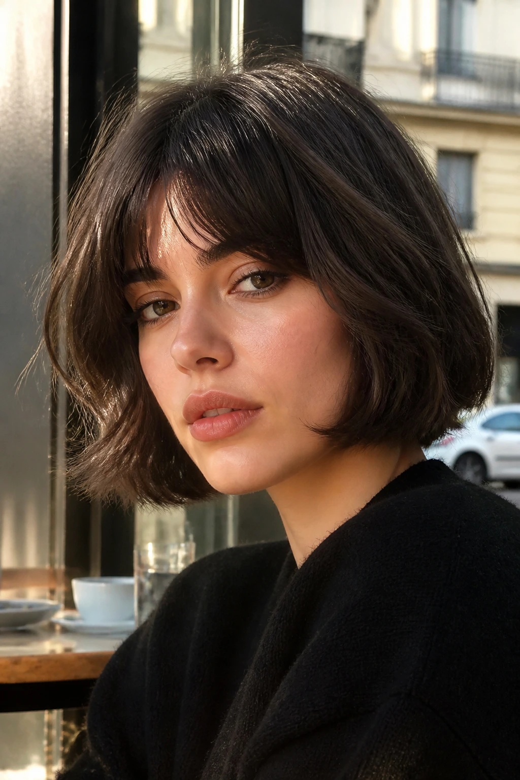 Close-up of a real woman with a jawline-length French-inspired bob in dark brunette.