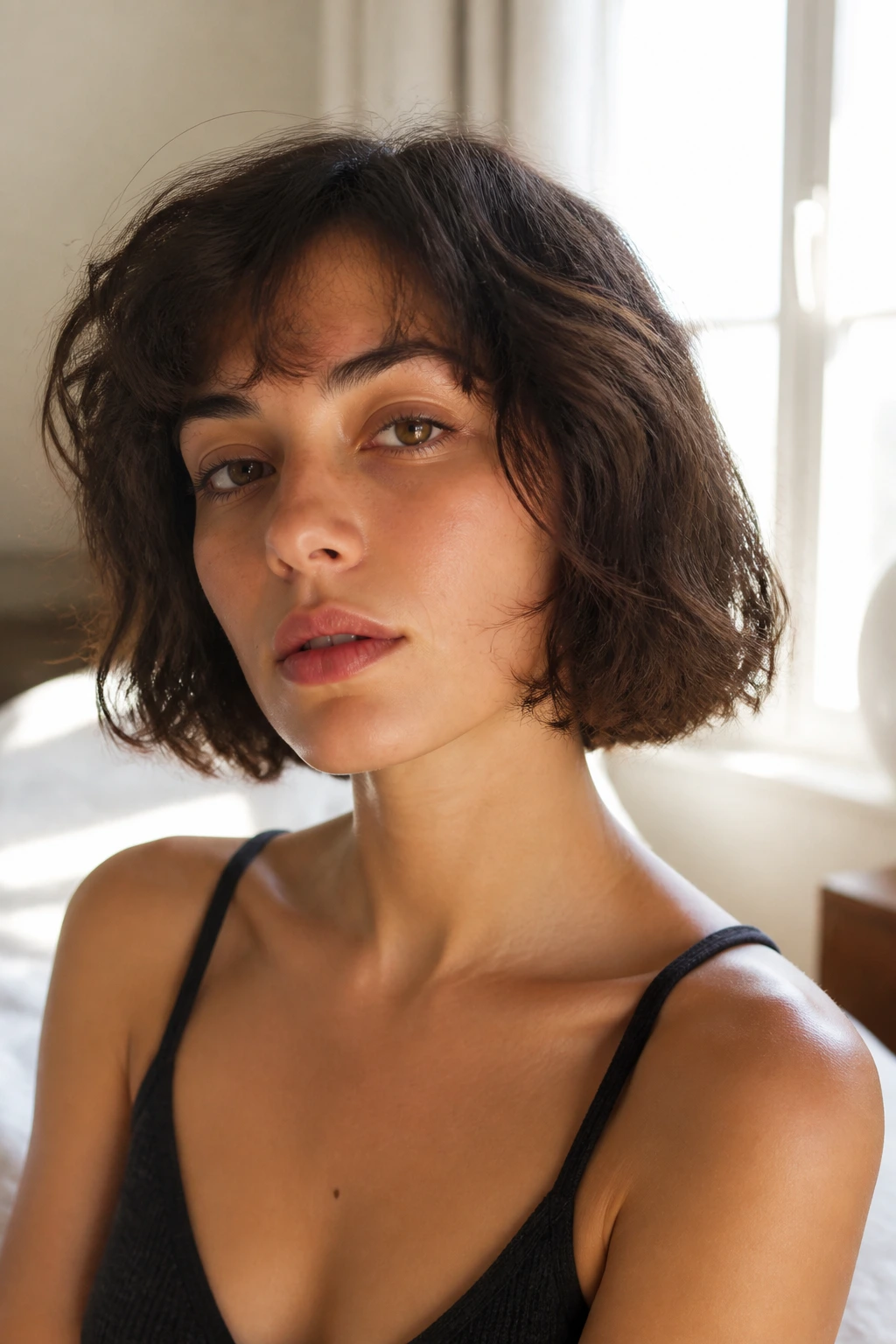 Close-up of a real woman with a chin-length jawline-grazing French bob in natural window light