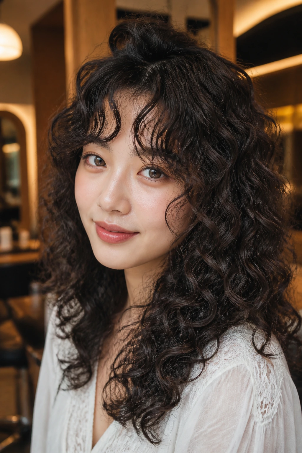 Close-up of a real woman with jelly perm curls in a warm salon