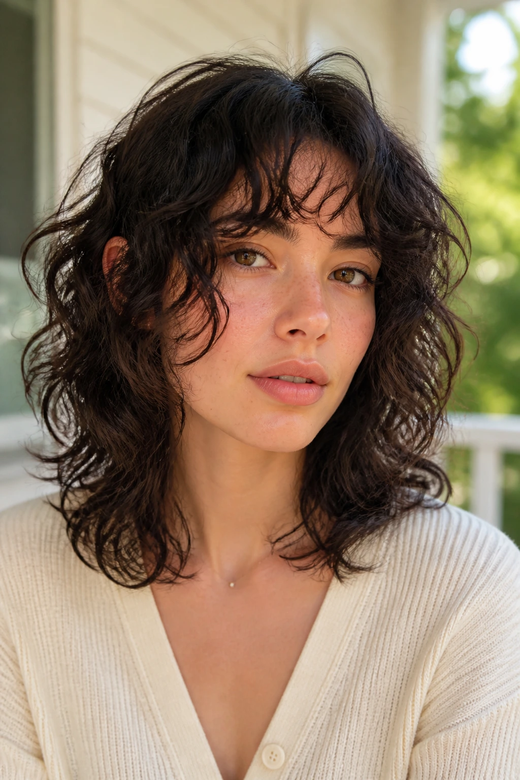 Portrait of a woman with jelly perm waves and curly face frame