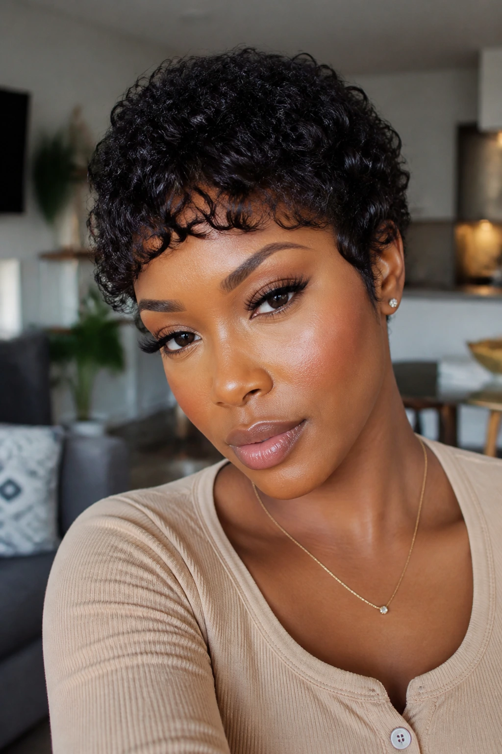 Close-up portrait of real woman wearing Jerry Curl Lace Front with Pixie Bangs