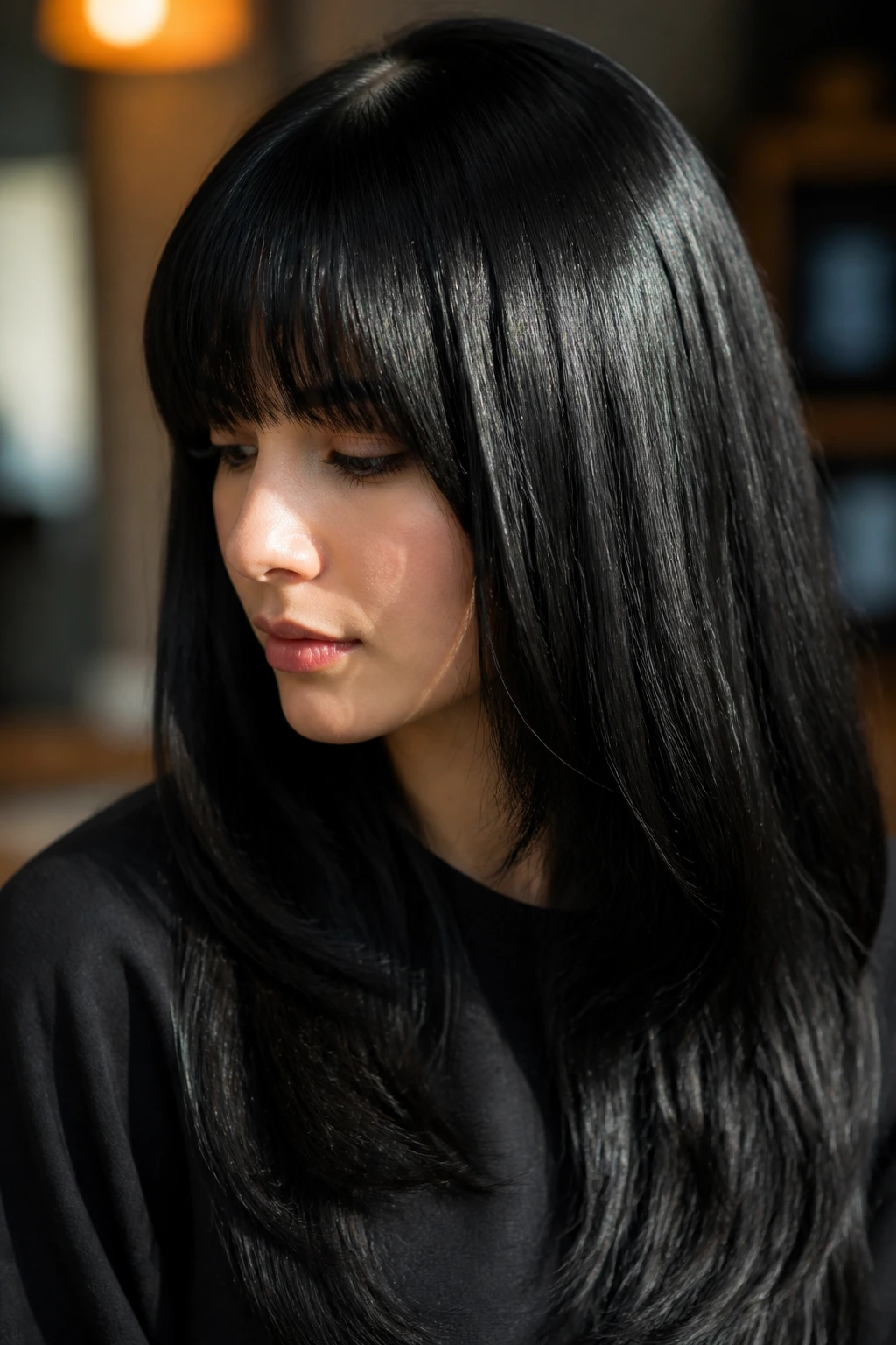 Close-up portrait of a real person with jet-black hair showing glossy pigment and shine.