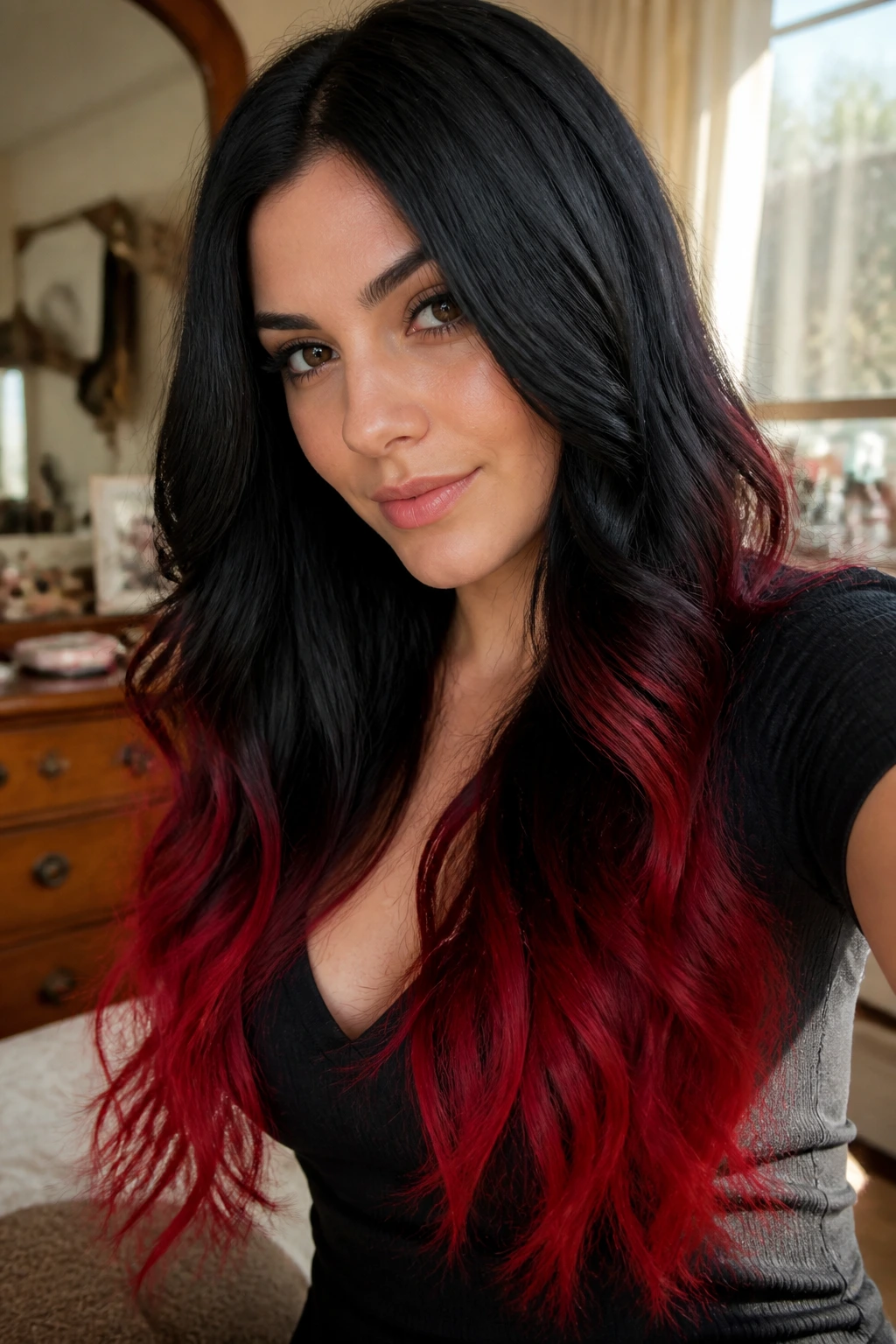 Portrait of long black hair with iridescent red tips