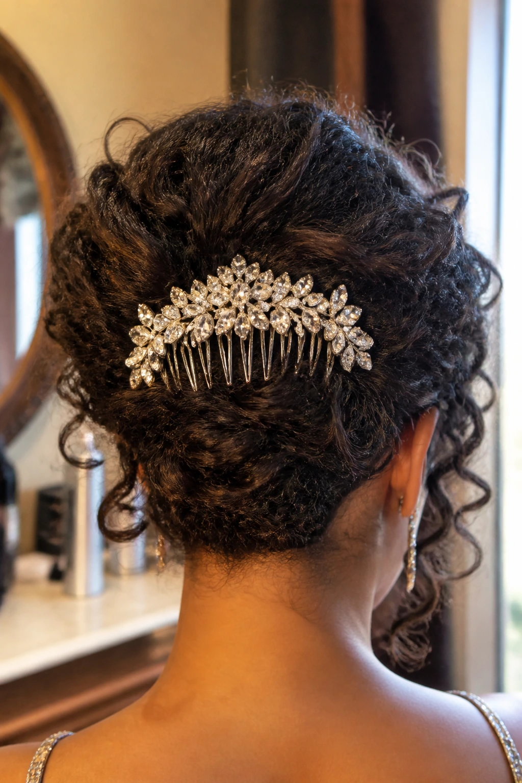 Close-up of a real woman with thick curls wearing a jeweled comb crown at the back of her updo