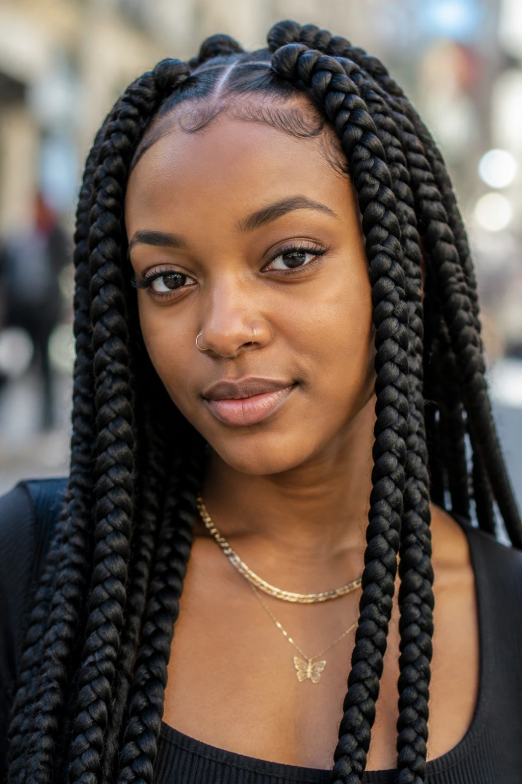 Portrait of a person with jumbo box braids on urban street