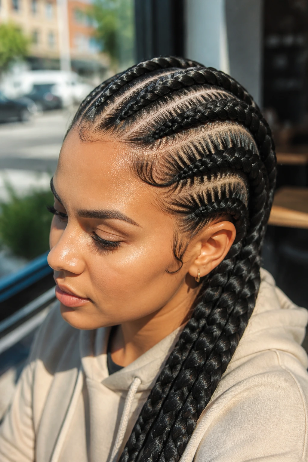 Real person with thick jumbo feed-in braids filling the frame