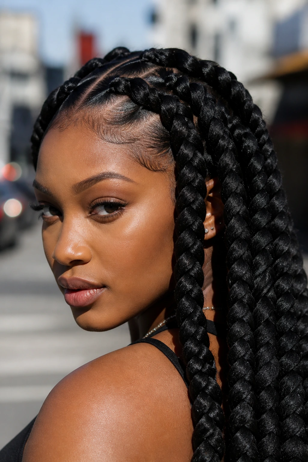 Real woman with jumbo Ghana braids dominating the frame on a city street
