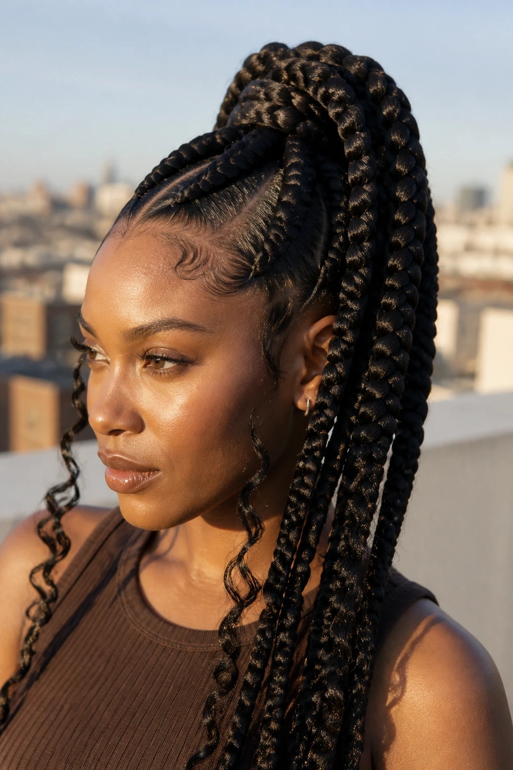 Close-up of a woman with Jumbo Goddess Braids in a High Ponytail